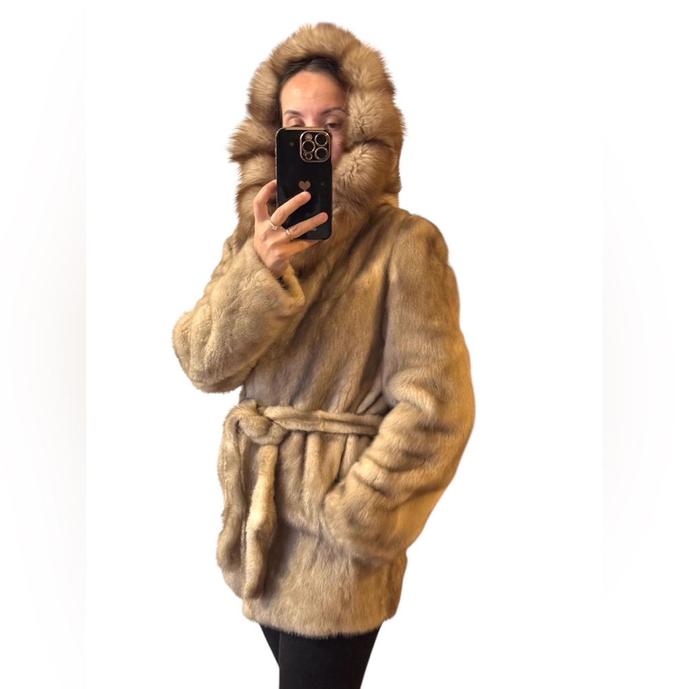 Luxurious Italian Baluchi Tan Mink and sable fur hood jacket coat - Picture 4 of 17